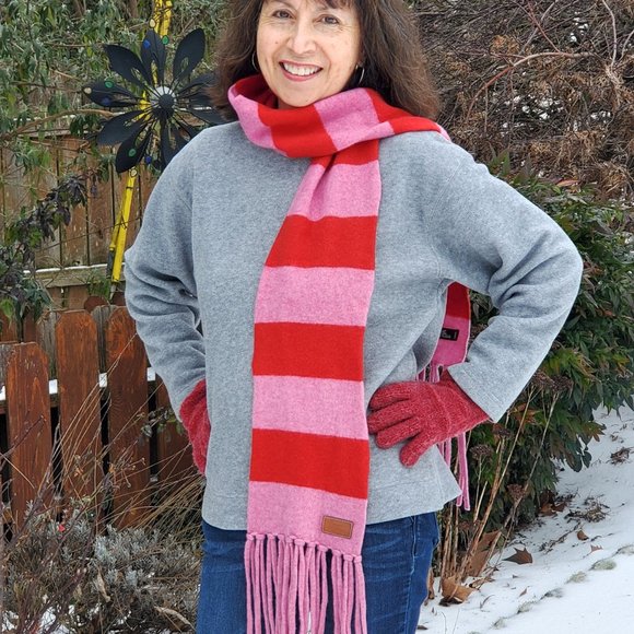 Coach Leatherware Fringed Wool Scarf in Pink and Red Stripes - Picture 2 of 5